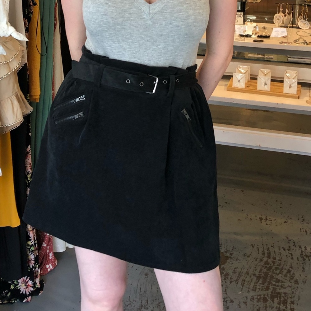 Black Belted Corduroy Skirt with Zippered Pockets